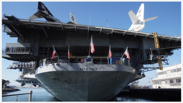 Frontal view of the USS Midway Museum and ship