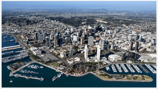 Helicopter view of Downtown San Diego by the water