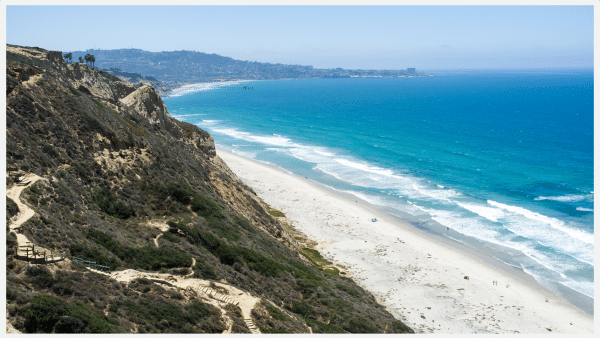 High up view of San Diego beaches with crystal blue water