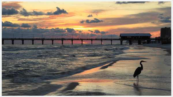 Orange beach and pier at sunset