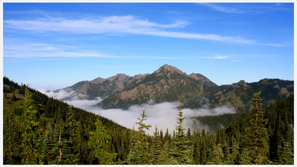 View of California mountain valley with low lying clouds