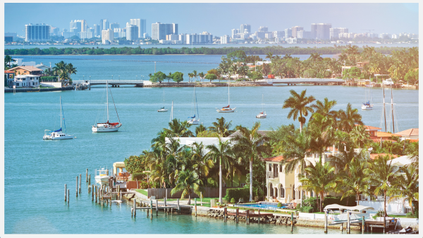 View of waterfront houses in Miami during Summer