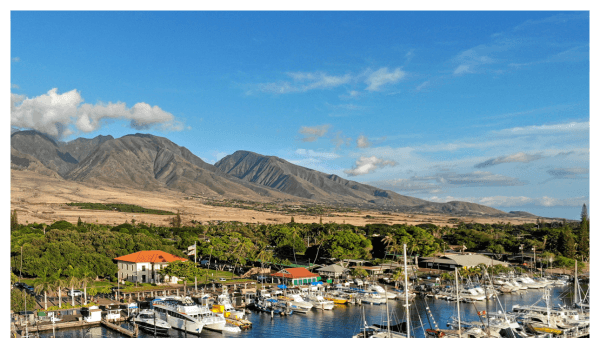 Lahaina marina with boats and mountains in background