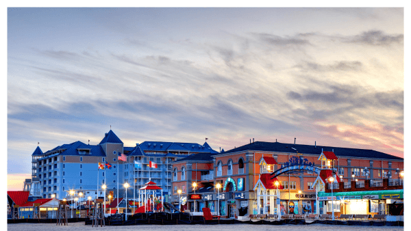 View of Ocean City beach and attractions at sunset