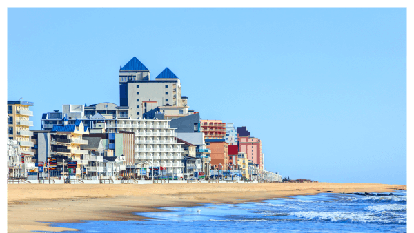 View of Ocean City shoreline with resorts all along the beach