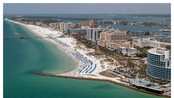 Aerial view of Clearwater shoreline with white sandy beaches