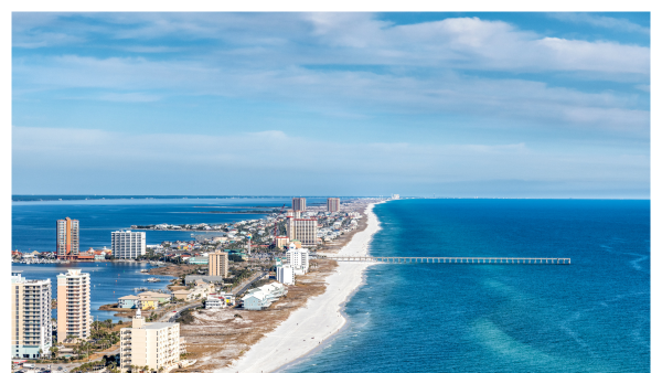 Aerial view of Pensacola Beach from a helicopter