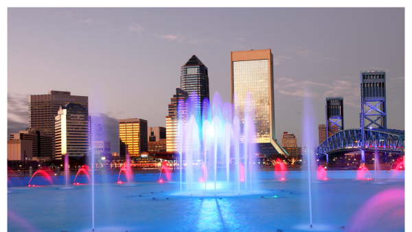 Image of Friendship Fountain in Jacksonville at sunset