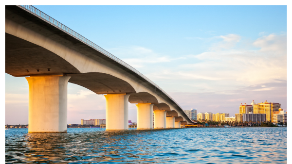 Image of a bridge going across to Sarasota at sunset