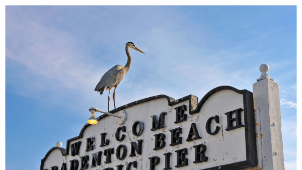 View of Bradenton Beach Florida historic pier sign