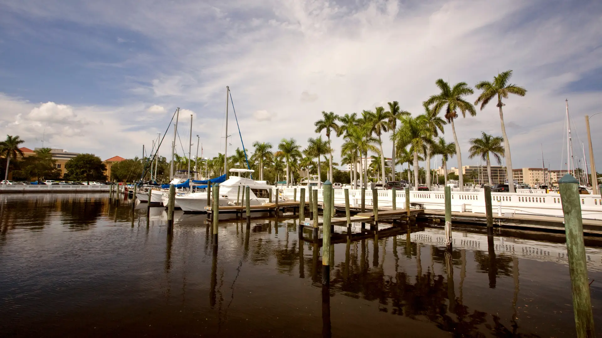 View of Bradenton Beach Florida marina with boats and palm trees