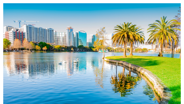 View of Lake Eola Park in Orlando with swans in water