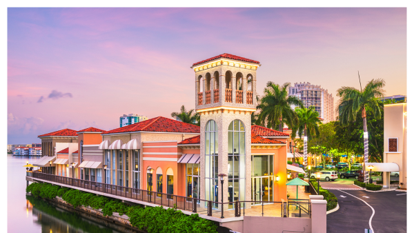 View of Naples FL downtown cityscape at dusk