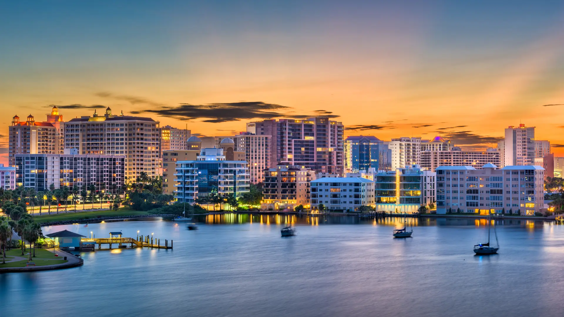 View of Sarasota skyline at sunset