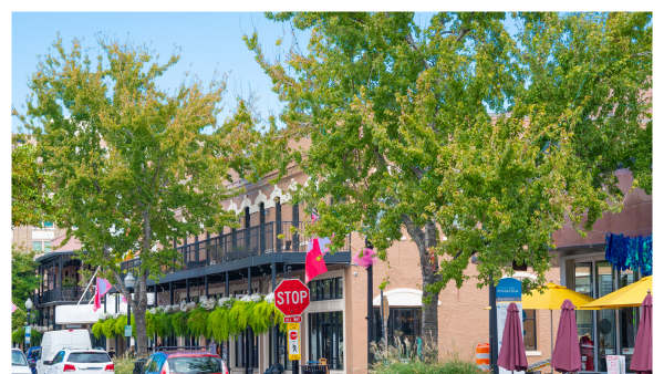 View of downtown Pensacola, FL with shops and restaurants