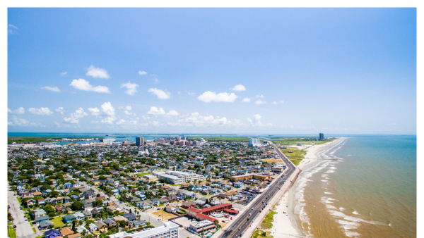 Aerial view of the beach and shoreline in Galveston