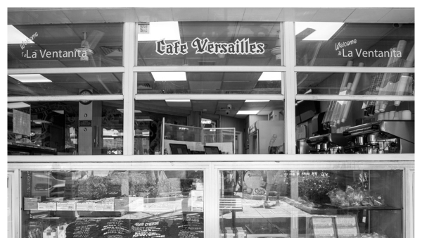 Black and white photo of Cafe Versailles in Little Havana