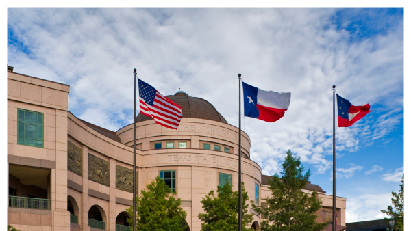 Image of the Texas State History Museum facade with flags in the wind