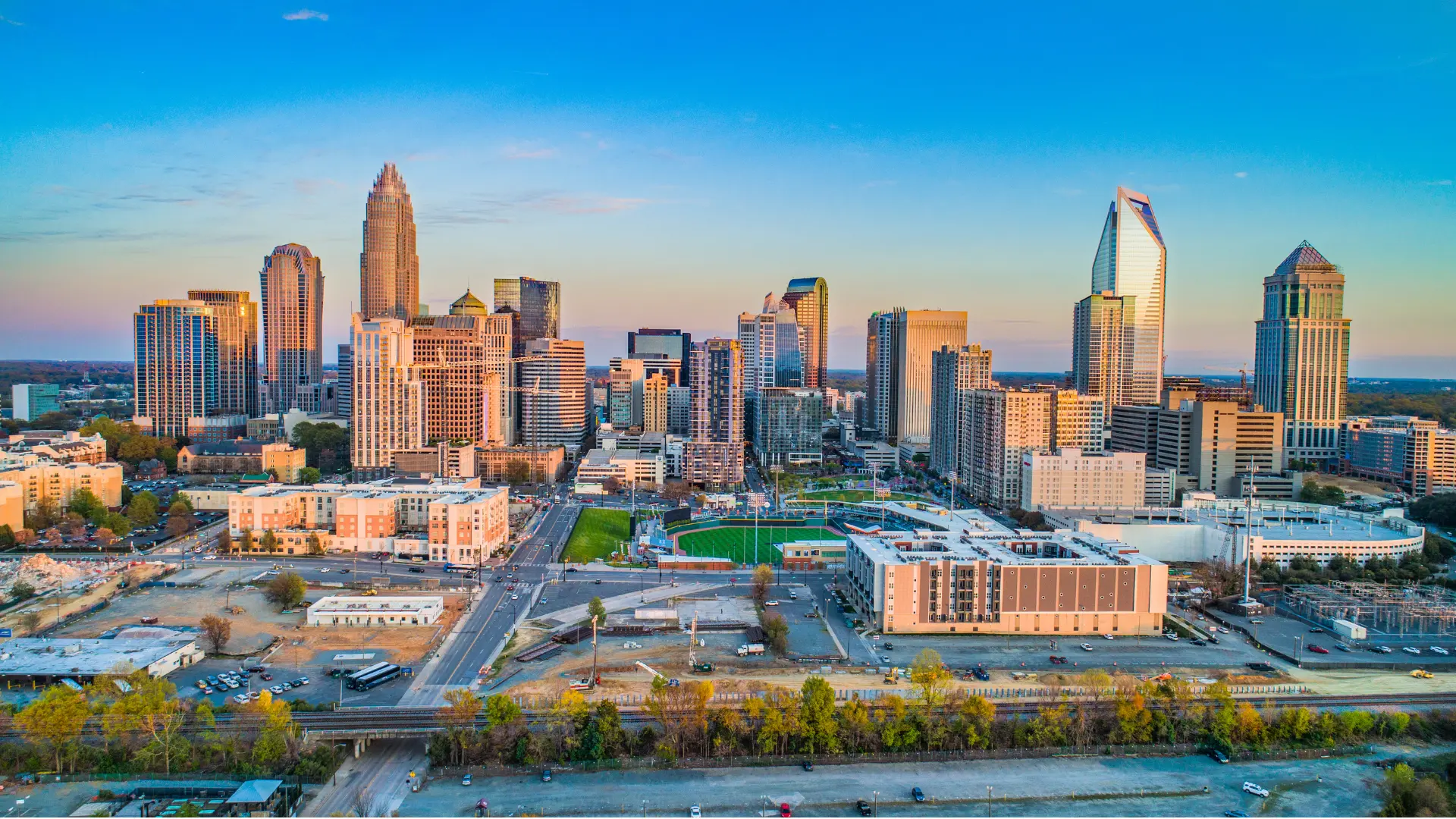 Uptown Charlotte NC skyline with baseball stadium in view