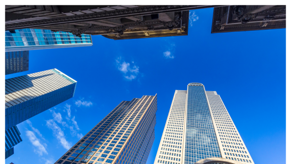 View looking up at tall buidlings in downtown Dallas, TX