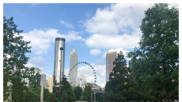 View of Centennial park with a ferris wheel in Atlanta