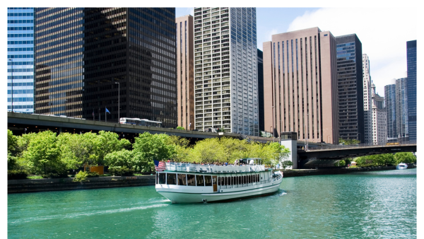 View of a tour boat on the river in Chicago