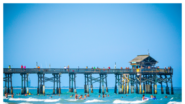 View of lots of people in the water at Cocoa Beach FL