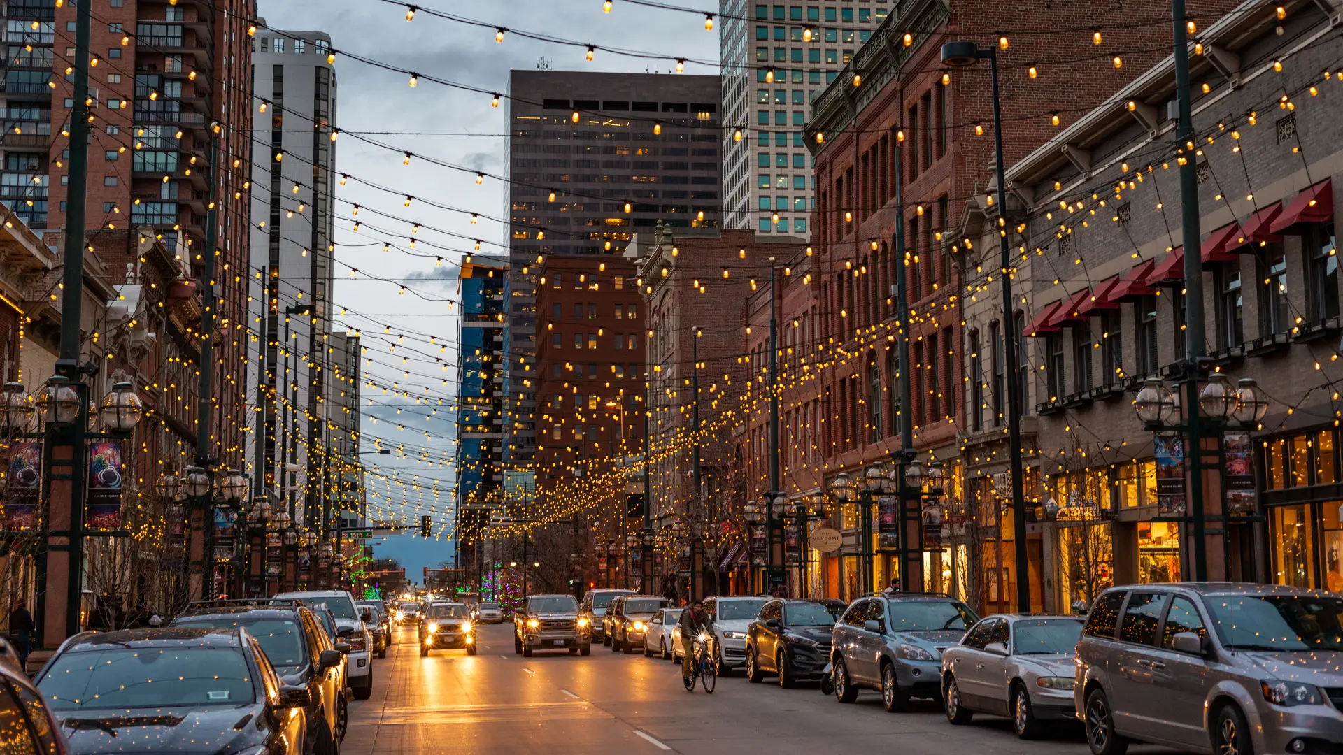 View of the Larimer shopping district and string lights in Downtown Denver