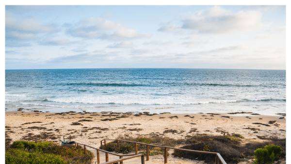 View of Crystal Cove State Park beach looking out into the ocean