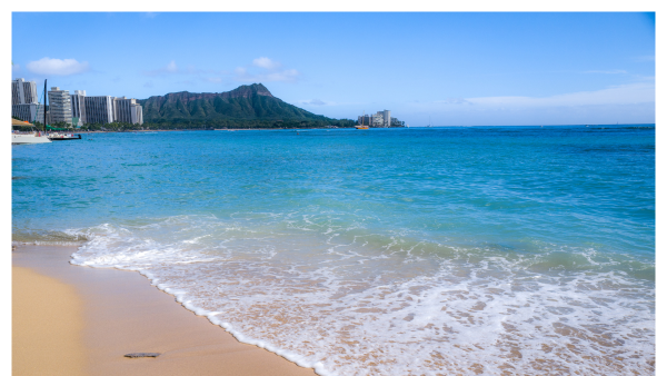 View of Waikiki beach with water coming to shore