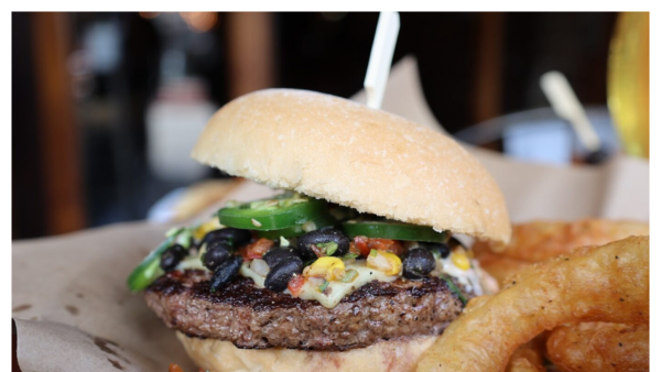 View of a specialty burger from Stock & Barrel