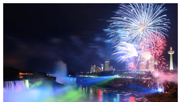 View of fireworks and nighttime skyline at Niagara Falls