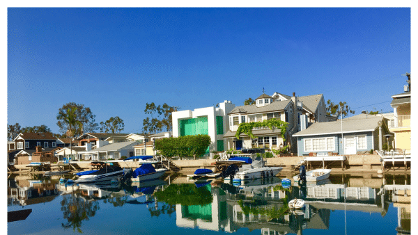 View of homes along the waterway on Balboa Island at Newport Beach