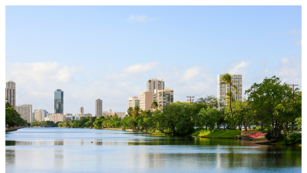 View of the Ala Wai Canal on a partly cloudy day in Waikiki