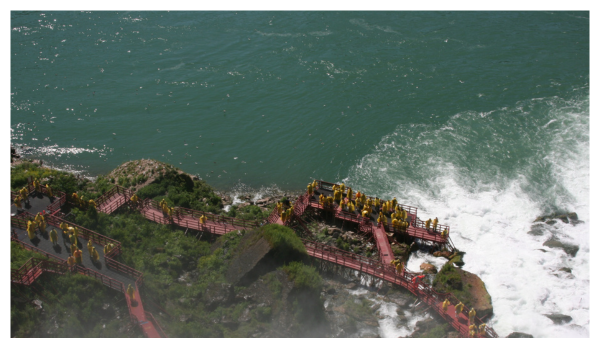 Aerial view of people wearing ponchos by Niagara Falls in New York