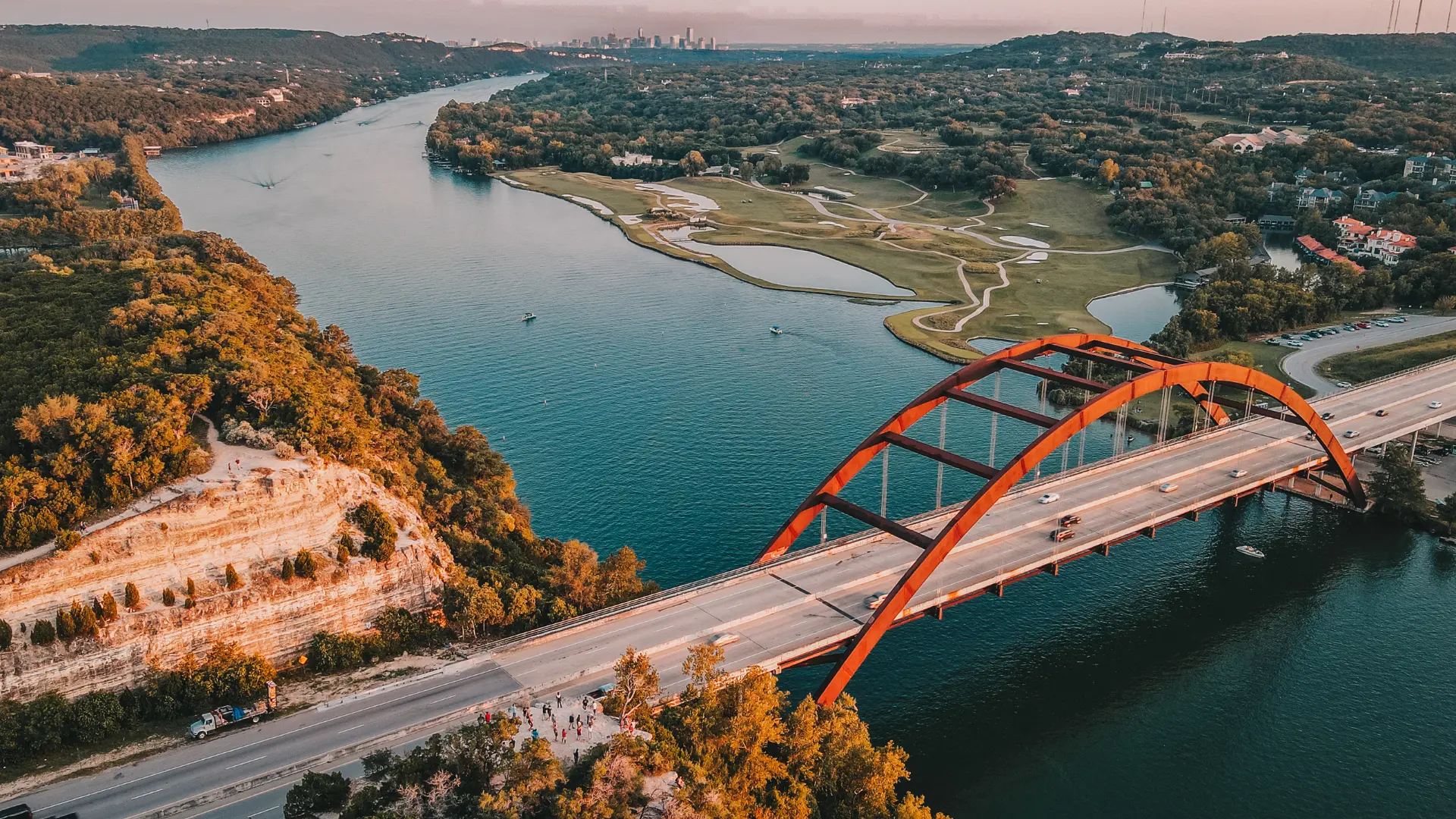 Aerial view of the Pennybacker Bridge in Austin Texas