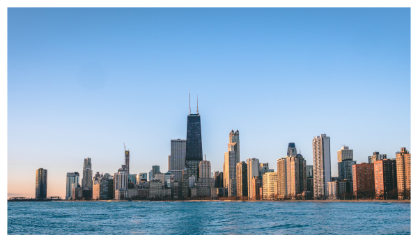 Distant view of the Chicago skyline by water