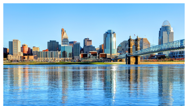 Distant view of the Cincinnati skyline by a bridge over water