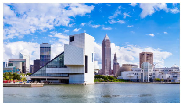 Panoramic view of the Cleveland waterfront near the museum and stadium