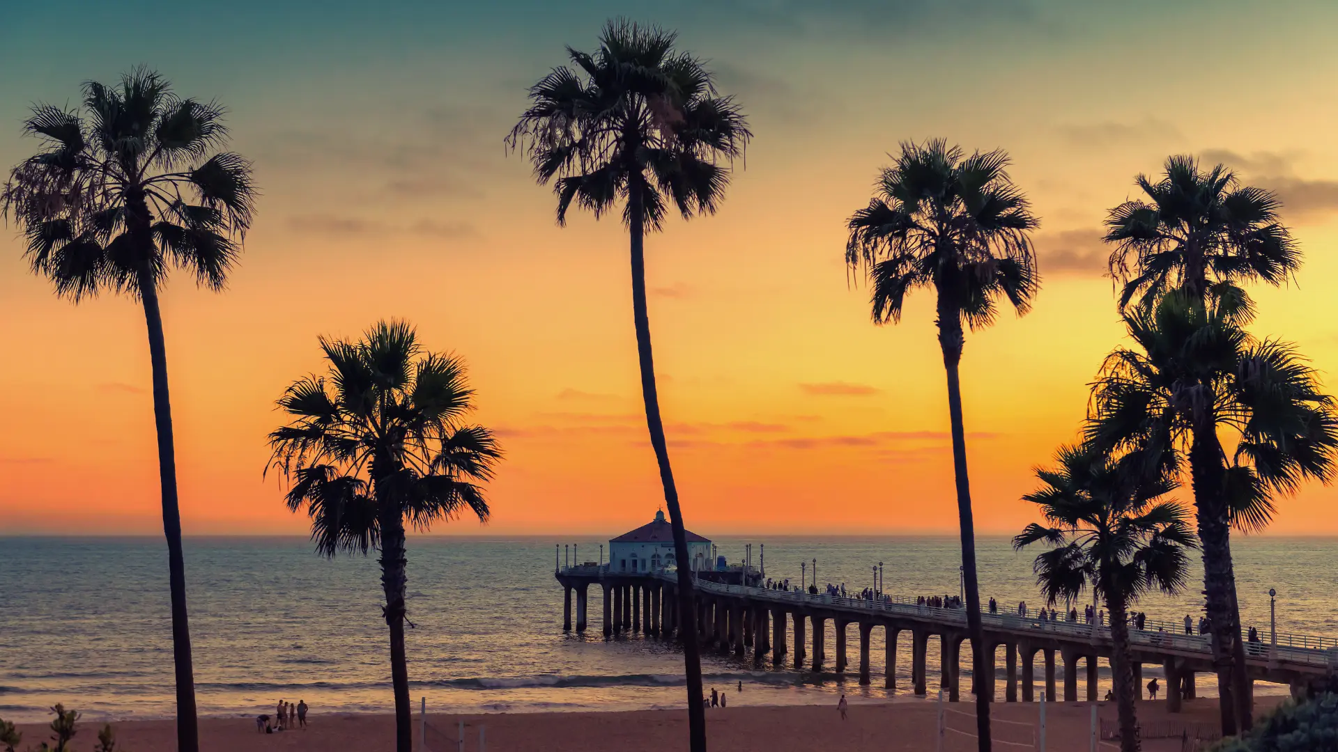 View of Manhattan Beach pier in Los Angeles at sunset