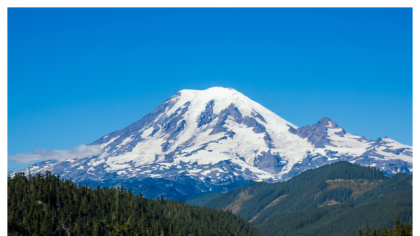 View of Mount Rainier National Park with snow capped mountain in background