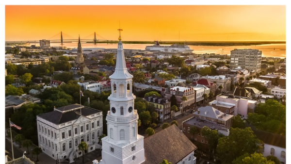 View of the Charleston SC city skyline at sunset