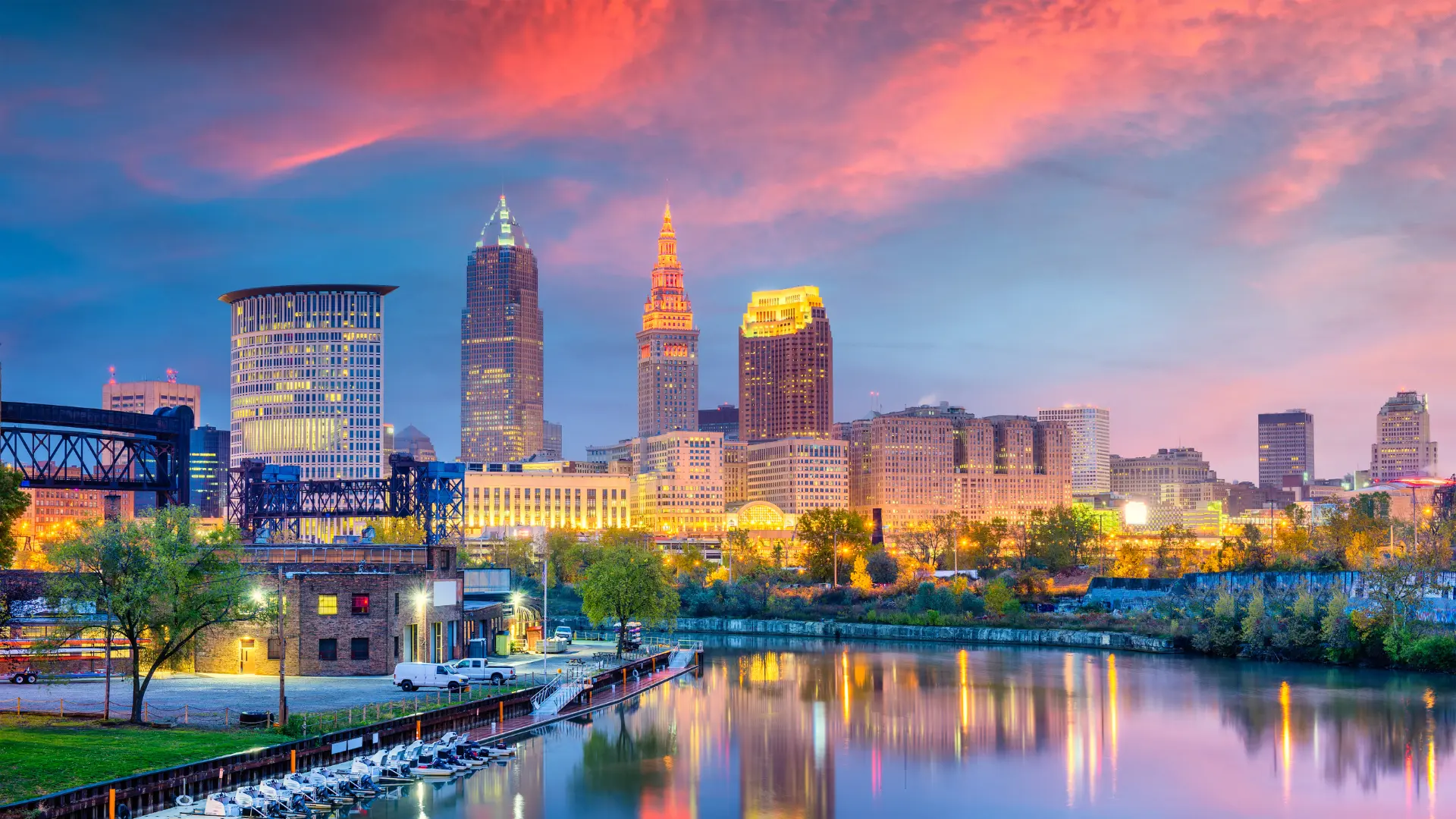 View of the Cleveland, Ohio skyline at sunset