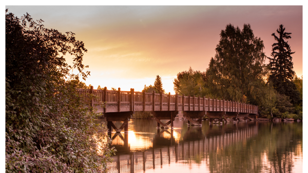 View of the Drake Bridge over a pond in Bend, Oregon