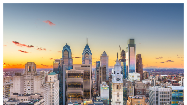 View of the Philadelphia skyline high up from aerial view