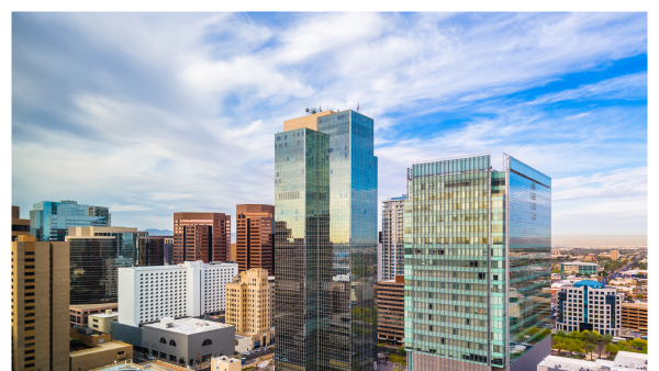 View of the Phoenix Arizona skyline with clouds in the sky