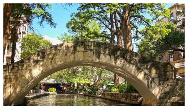 View of the San Antonio River Walk with walking bridge going over it