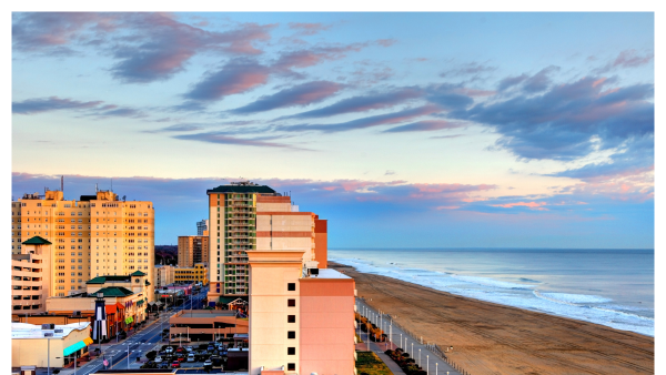 View of the Virginia Beach skyline and oceanfront at sunset