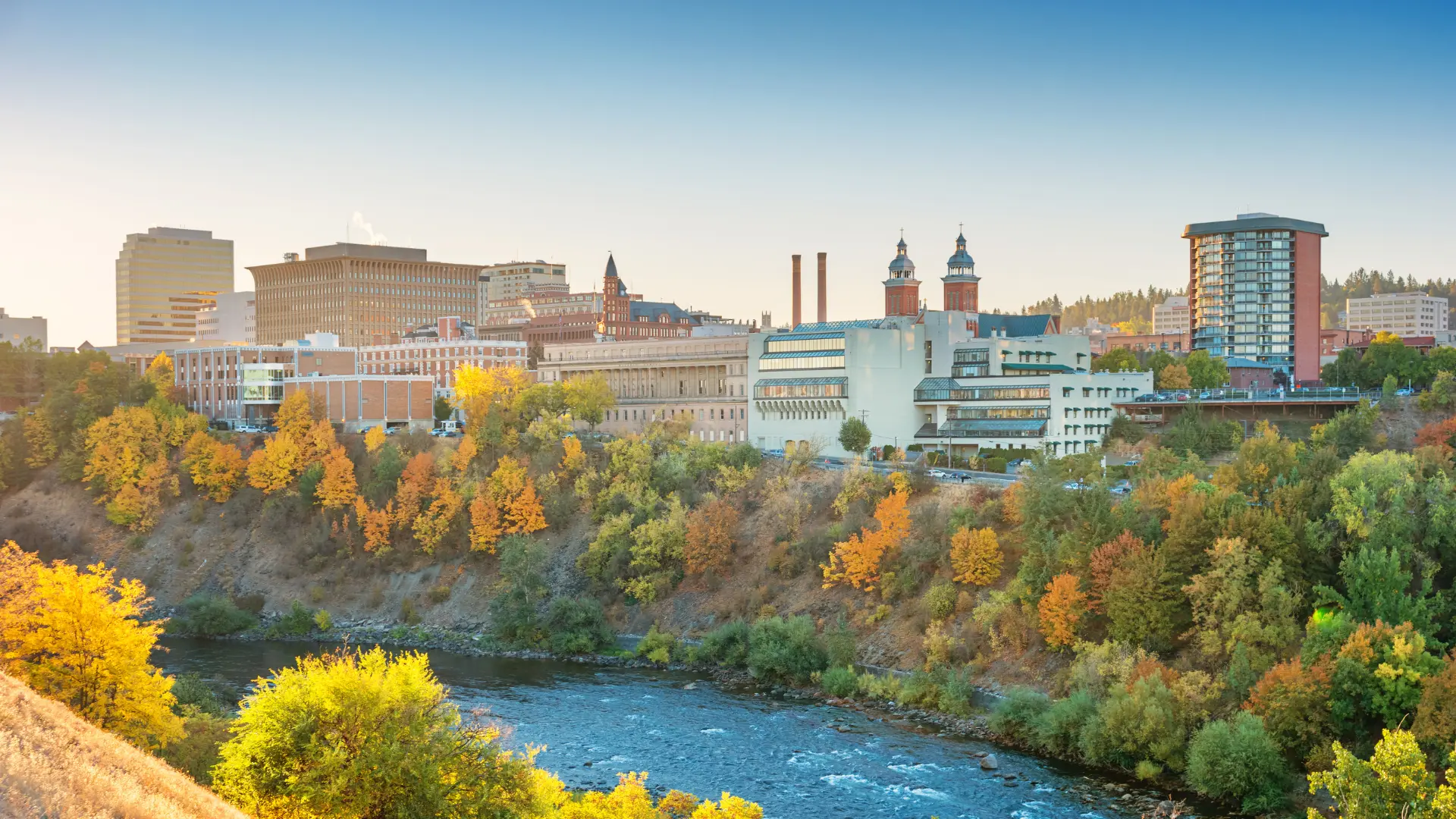 View of the city skyline along the Spokane River