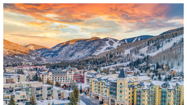 View of the downtown Vail, Colorado area from a drone